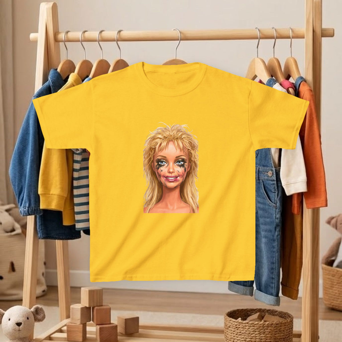 Kids' T-shirt in yellow with blonde doll portrait graphic on front