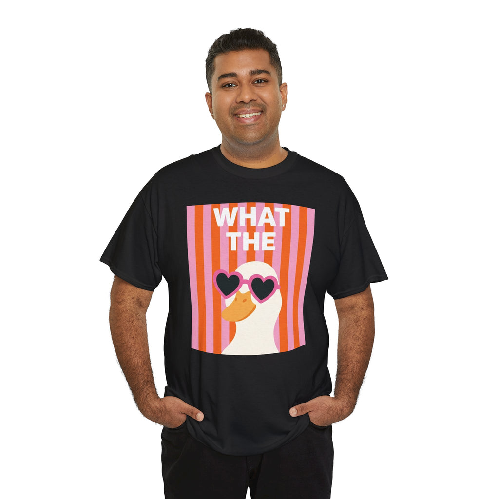 Black graphic tee with retro heart sunglasses striped face square front print