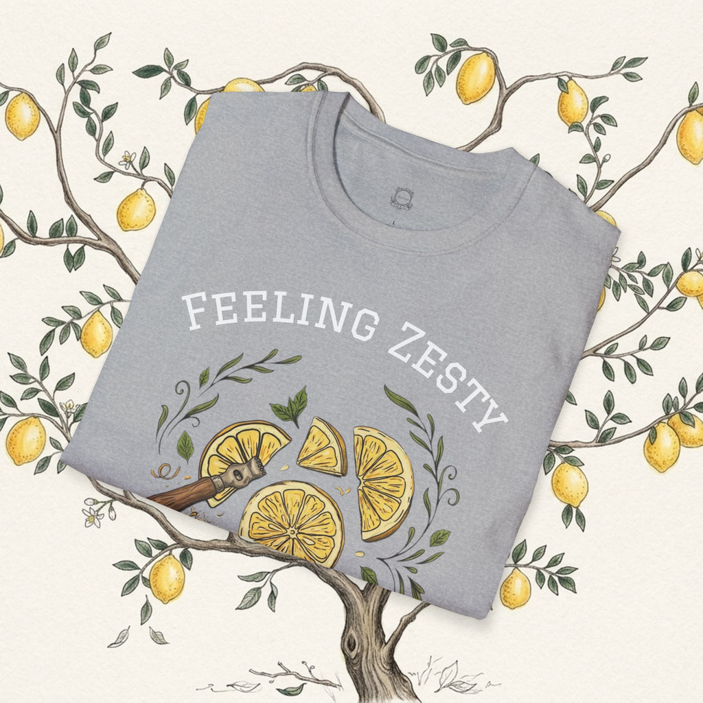 Light gray crewneck graphic tee with lemon slice tree illustration
