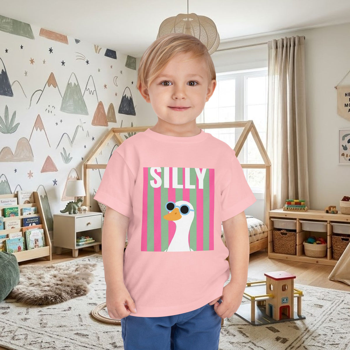 Toddler pink graphic tee with “SILLY” sunglasses duck front print