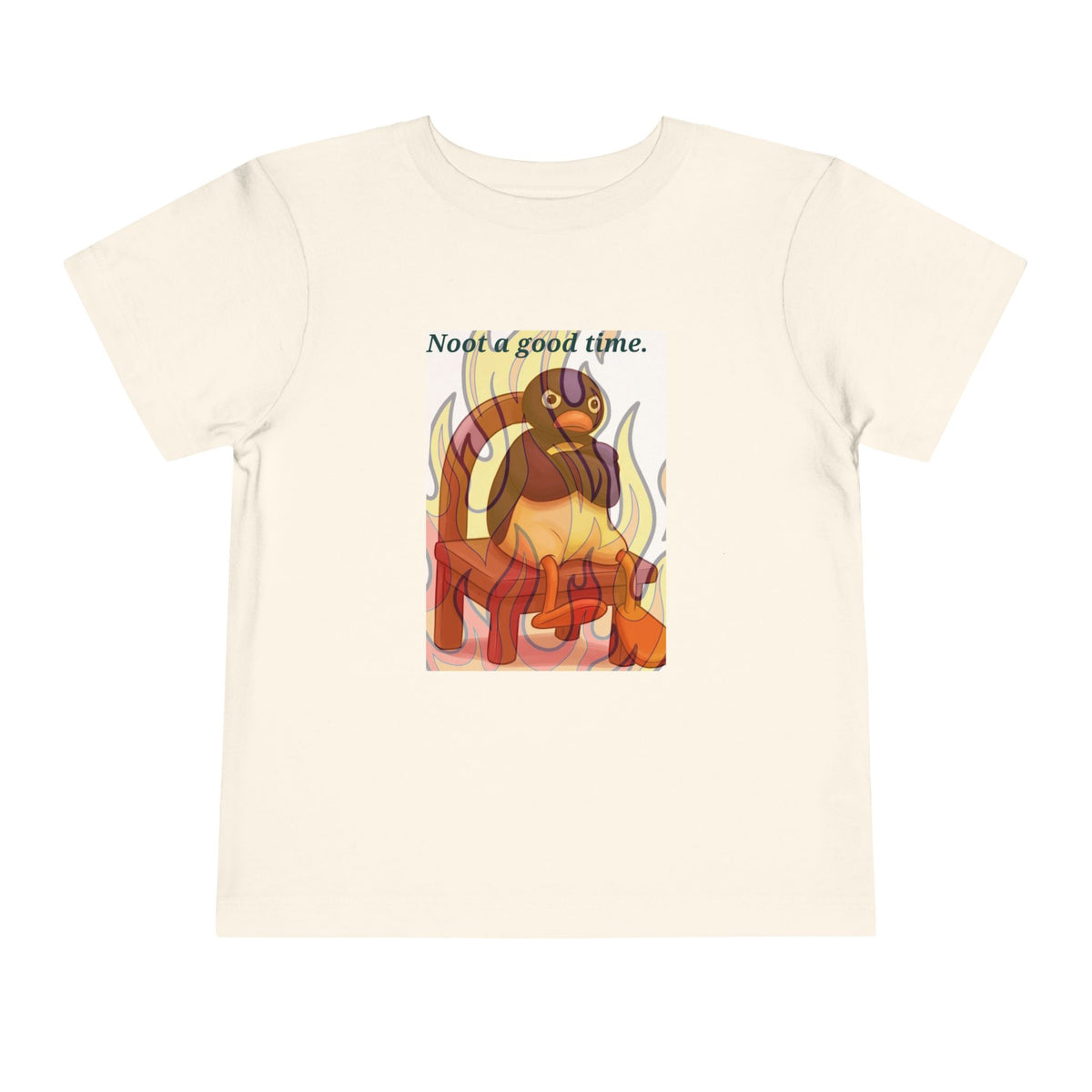 Cream toddler graphic tee with flaming cat and "Need a good time." text