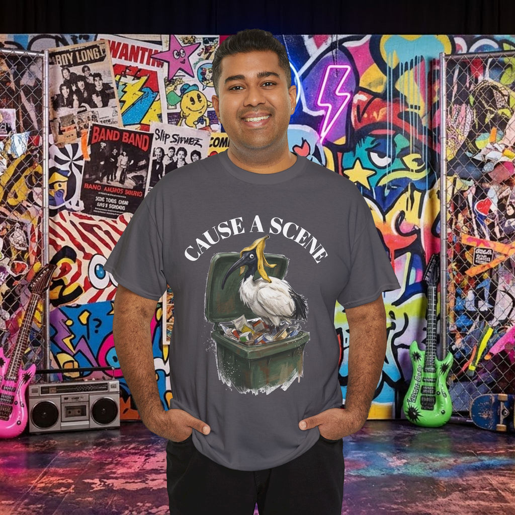 Dark charcoal t-shirt with “CAUSE A SCENE” ibis trash can front graphic