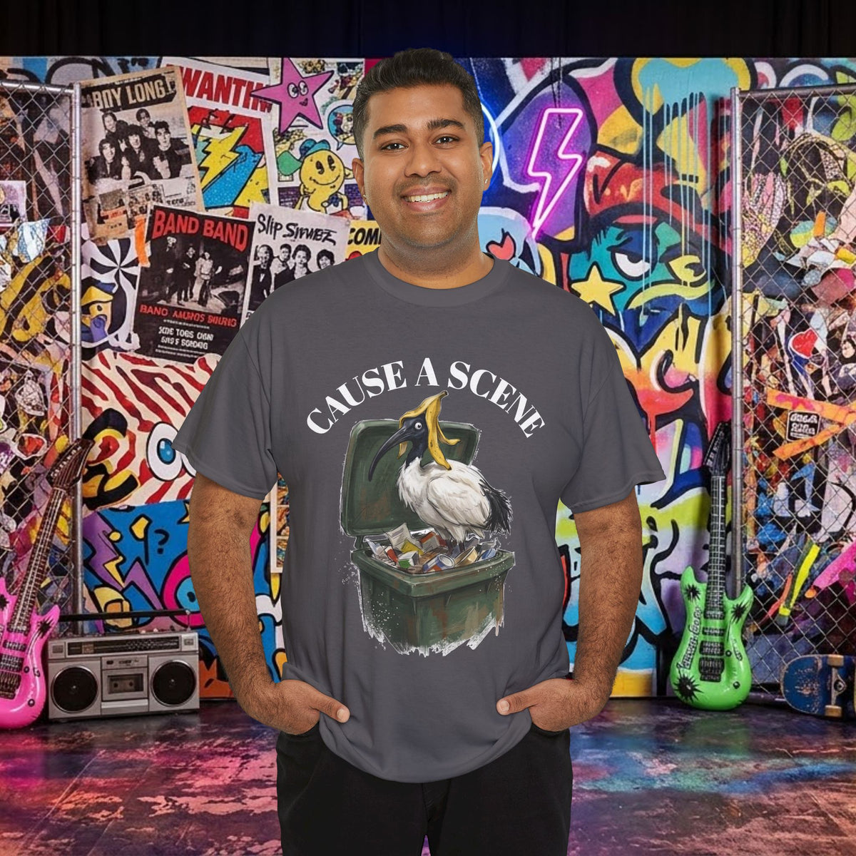 Dark charcoal t-shirt with “CAUSE A SCENE” ibis trash can front graphic