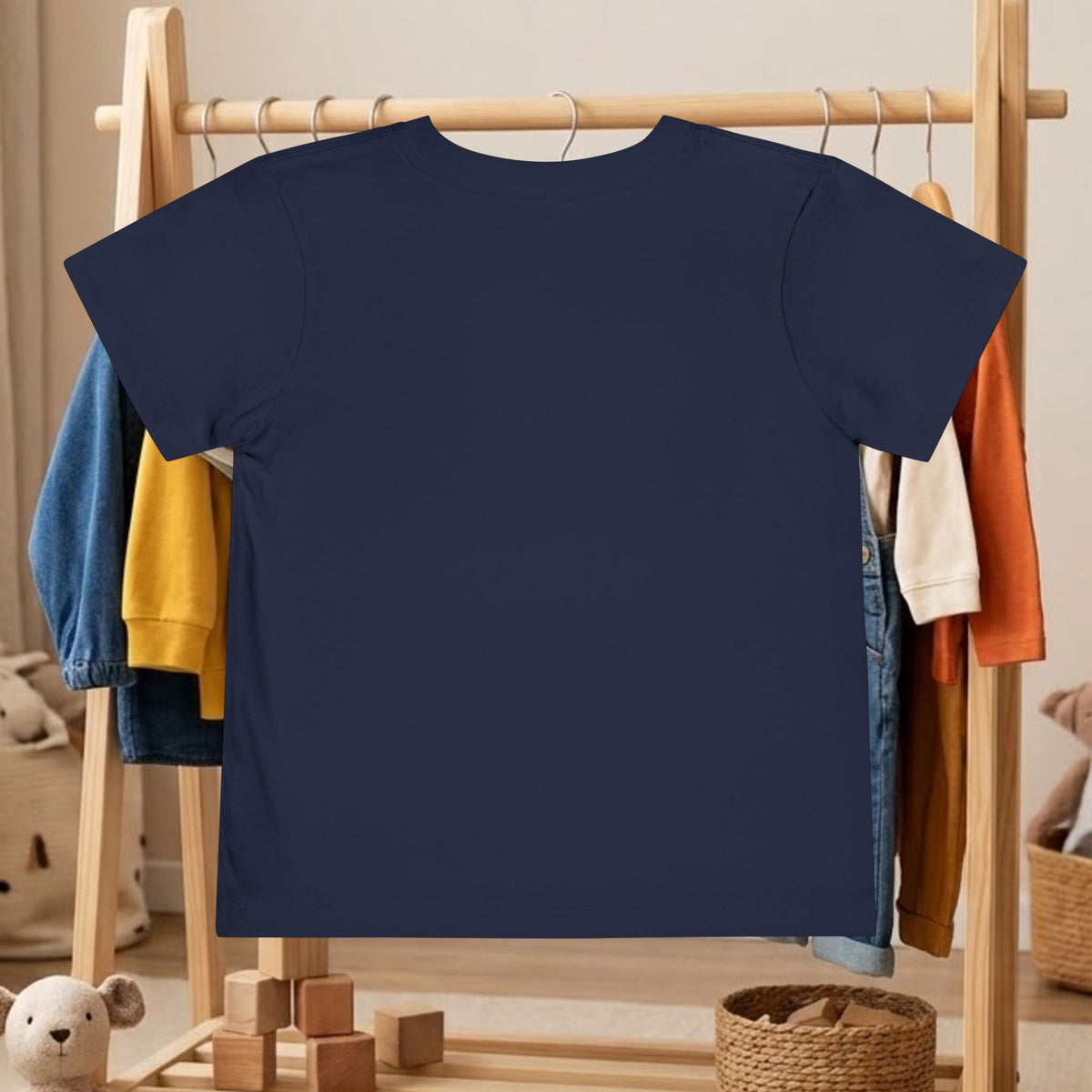 Toddler tee, navy short-sleeve shirt on hanger, plain front without visible graphic