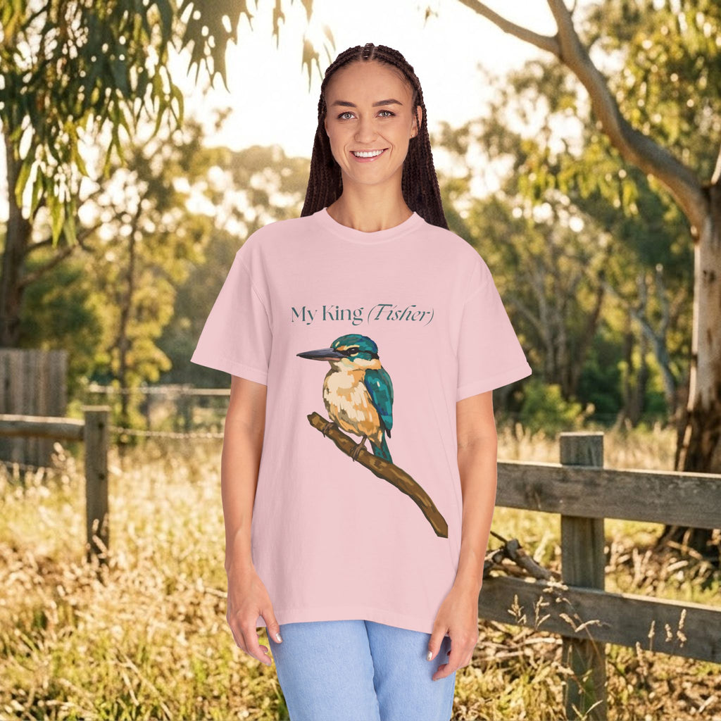 Pink kingfisher graphic t-shirt on woman, front view