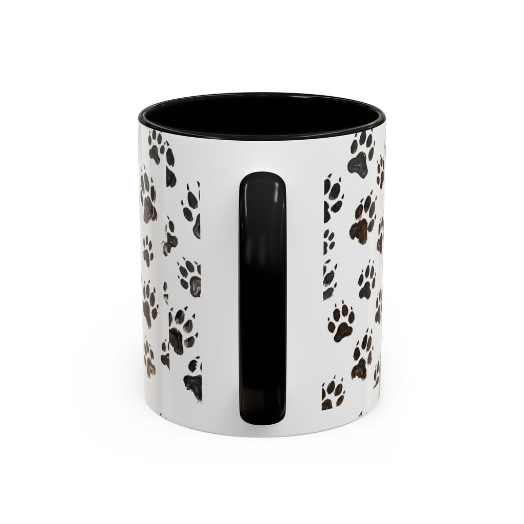 Cat face paw print accent coffee mug with black interior, white body, vertical black feature
