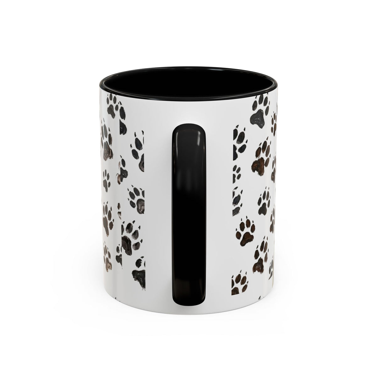 Cat face paw print accent coffee mug with black interior, white body, vertical black feature