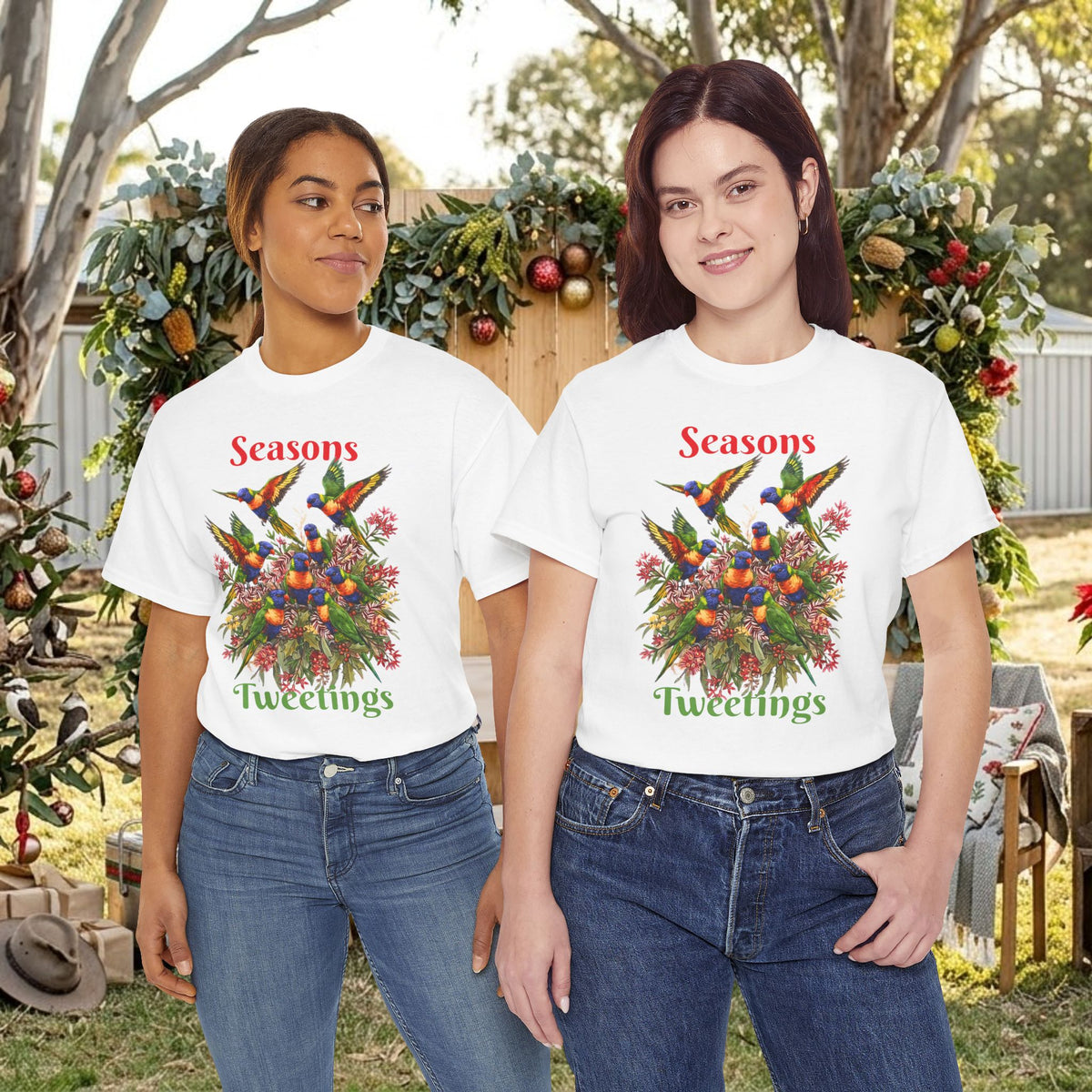 White T-shirt with colorful birds floral graphic and text "Seasons Tweettings", worn by two