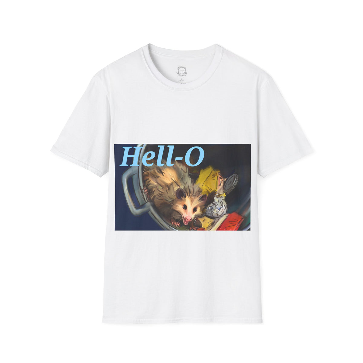 White T-shirt with 'Hell-O' possum graphic on front