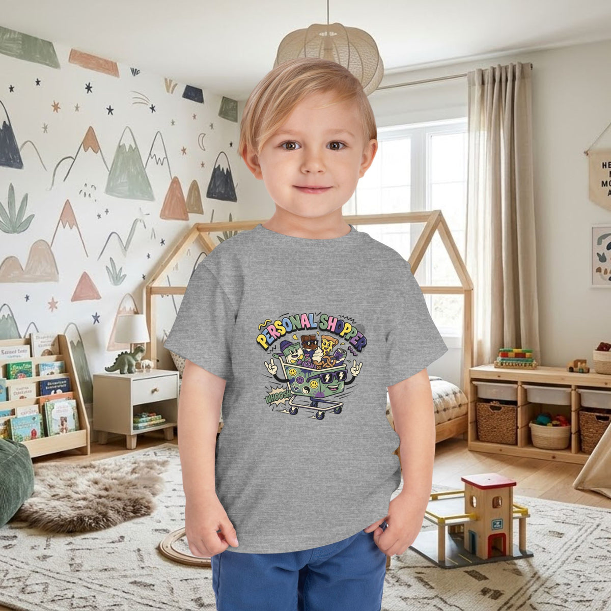Toddler heather gray graphic t-shirt with shopping cart “Personal Shopper” print