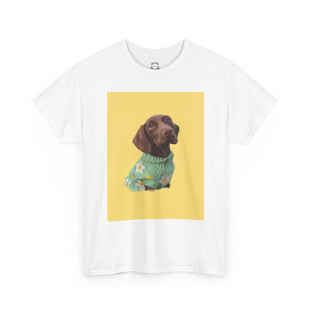 White crew-neck pet portrait T-shirt with dog artwork centered on the chest