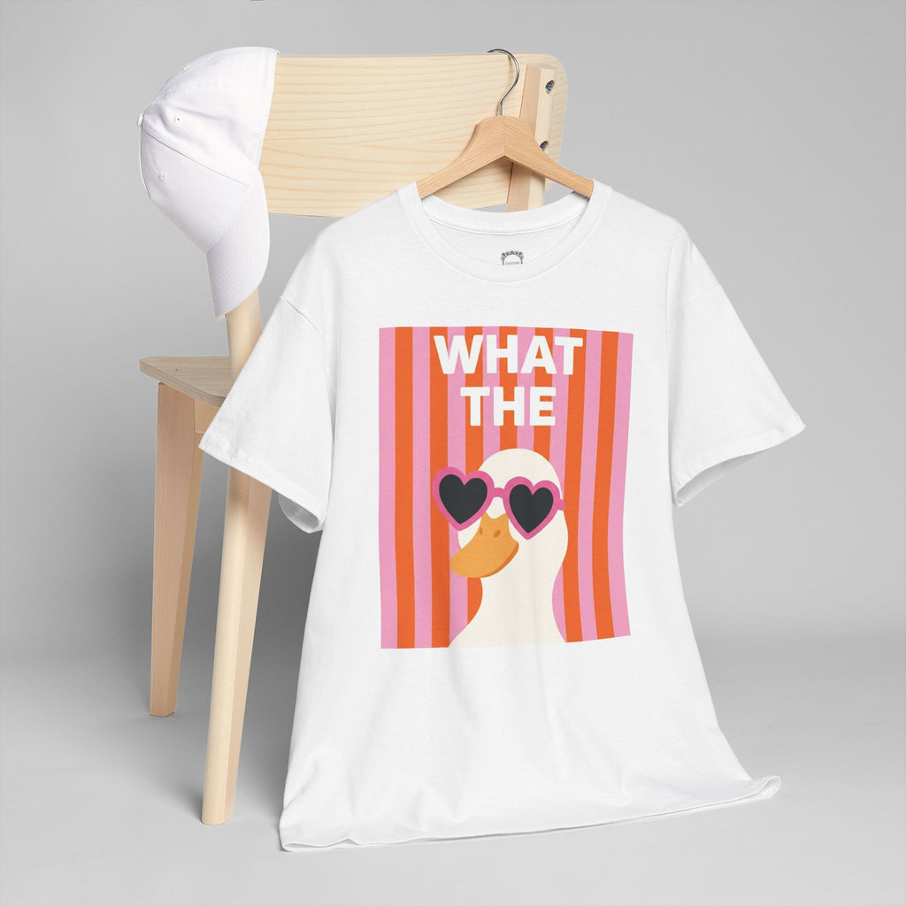White graphic T-shirt on hanger with retro heart sunglasses print on front