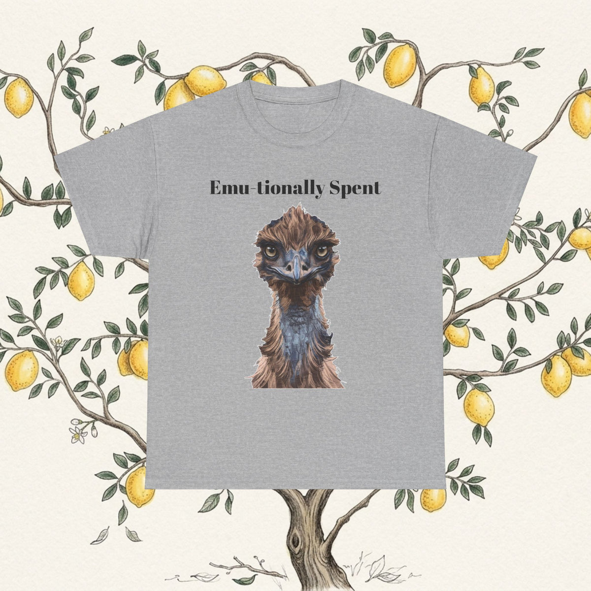 Charcoal crew-neck T-shirt with “Emu-tionally Spent” and a detailed emu portrait