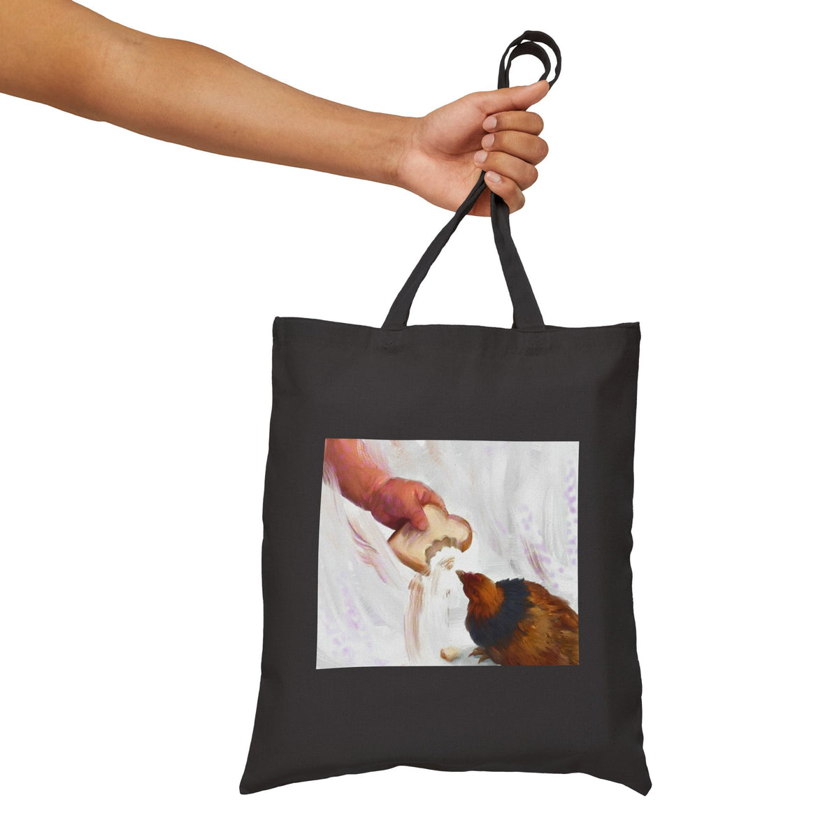 Black canvas tote bag with front hen-feeding illustration panel and short top handles