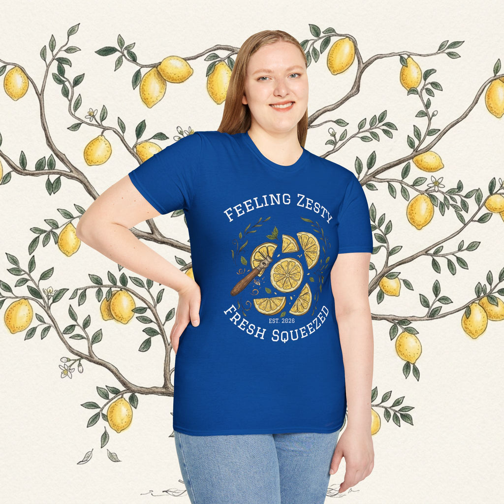 Blue crewneck graphic t-shirt with lemon slice art and “FRESH SQUEEZED”
