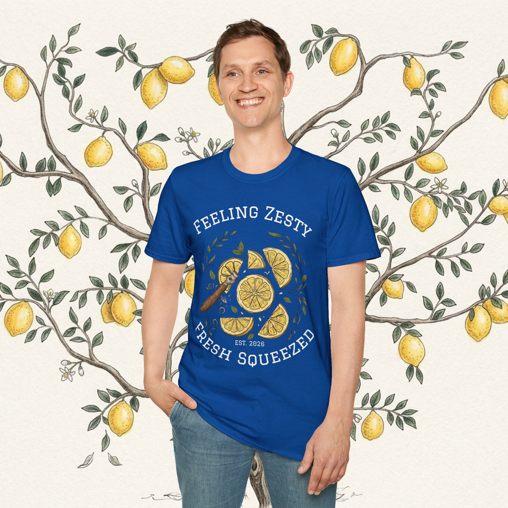 Blue crewneck t-shirt with “FEELING ZESTY” and central lemon graphic