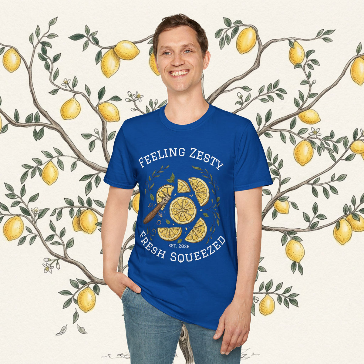 Blue crewneck t-shirt with “FEELING ZESTY” and central lemon graphic