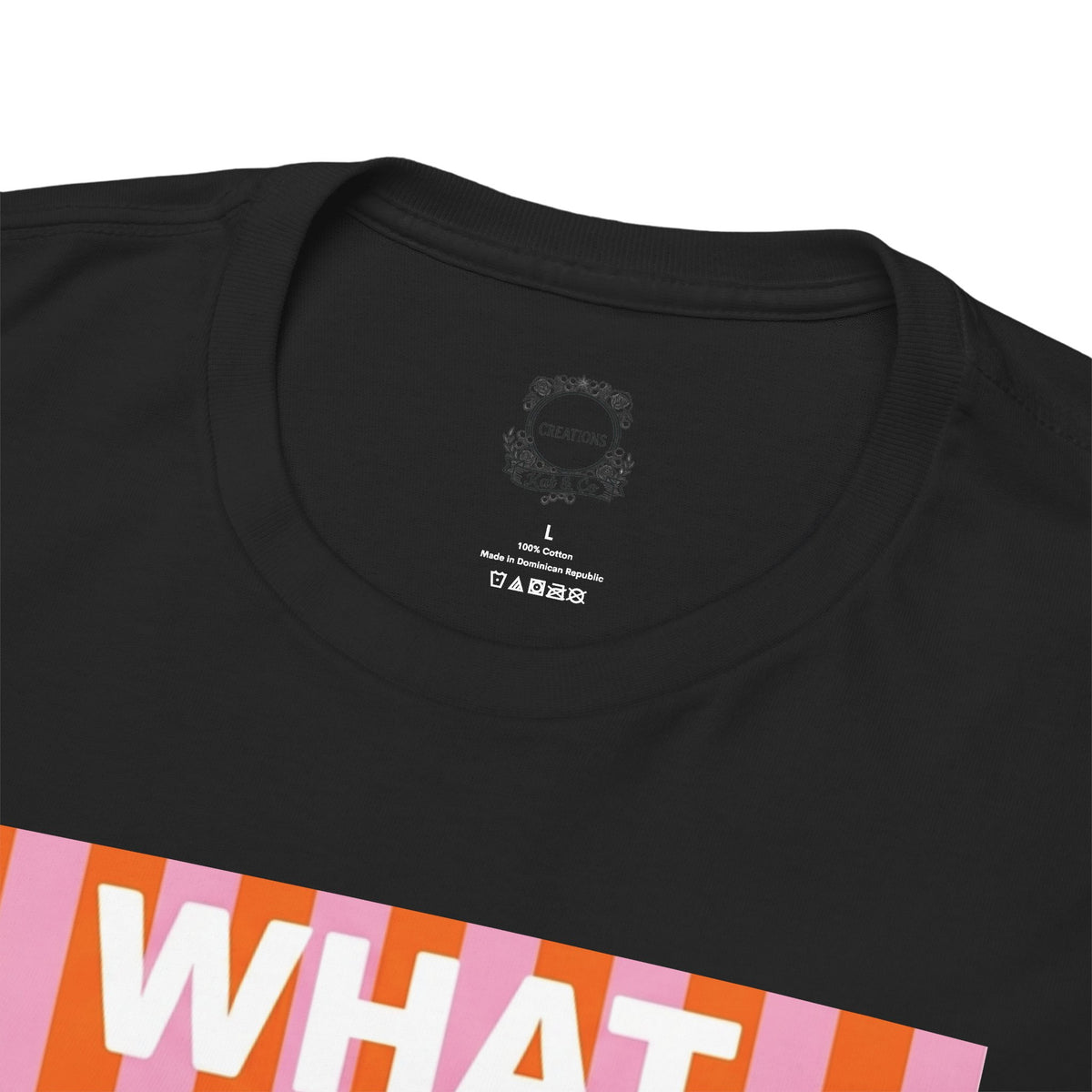 Close-up of black crewneck collar with small neck print on graphic tee