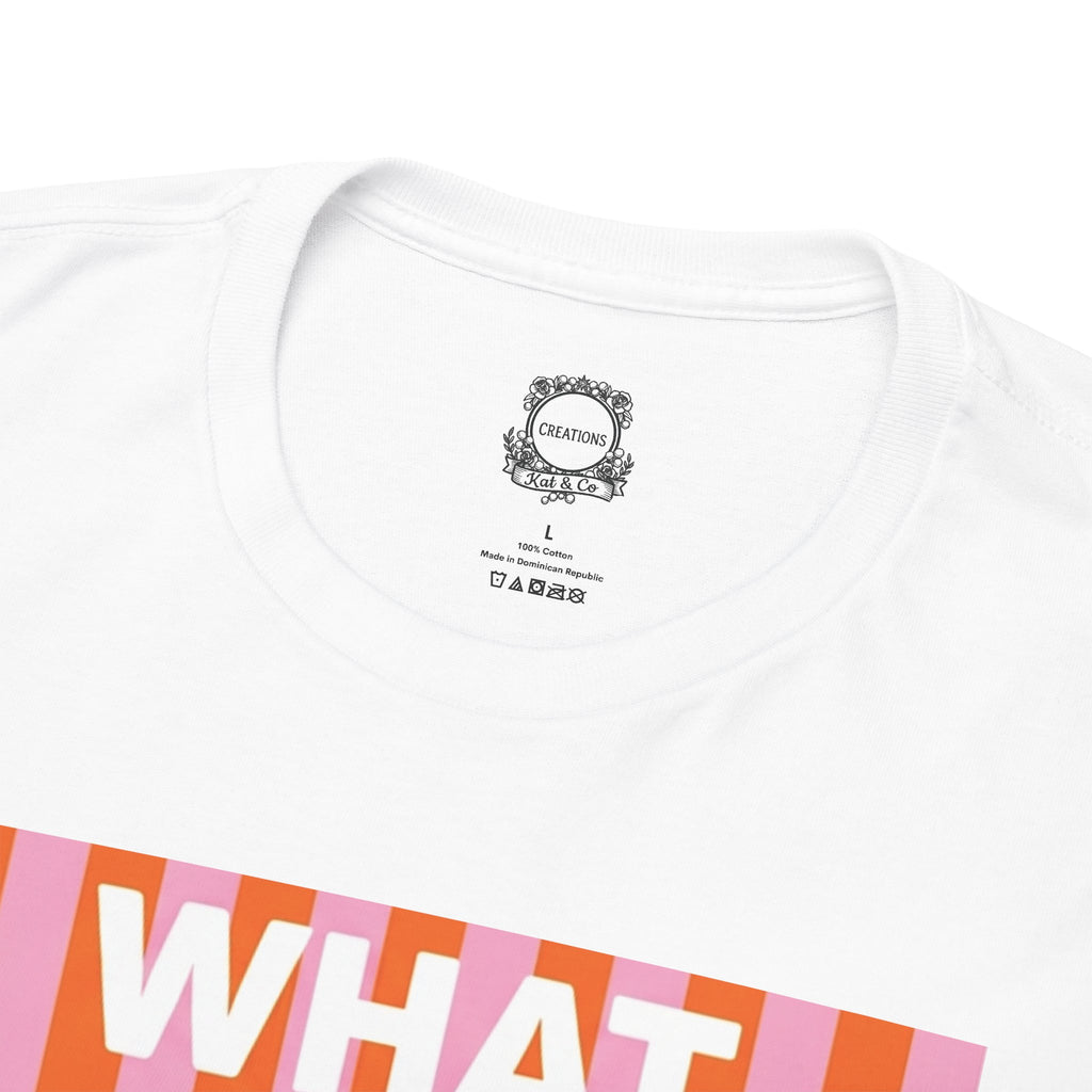 White crew-neck T-shirt close-up of collar logo and partial front graphic