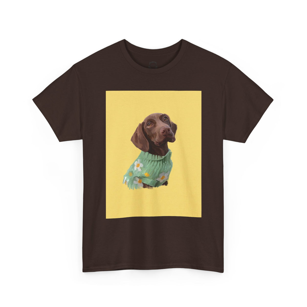 Dark chocolate brown pet t-shirt with dog portrait graphic on a yellow square