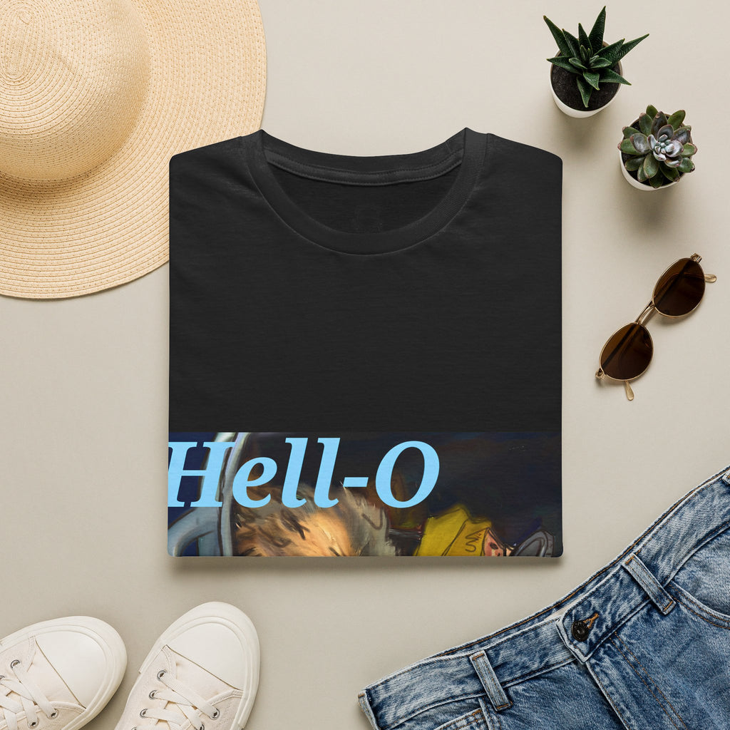 Black T-shirt with “Hell-O” text and opossum illustration print on front