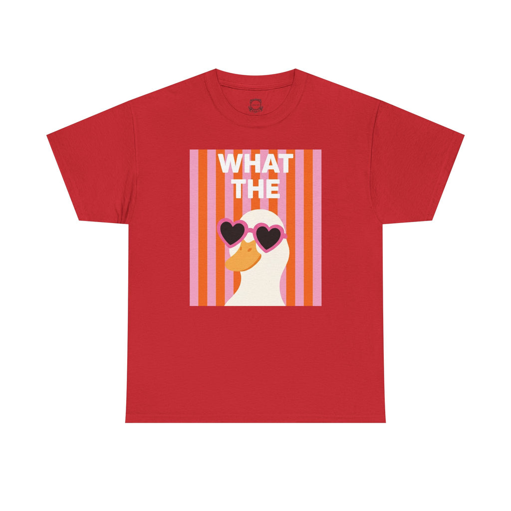 Red cotton tee flat lay with duck-face heart sunglasses and “WHAT THE” center graphic