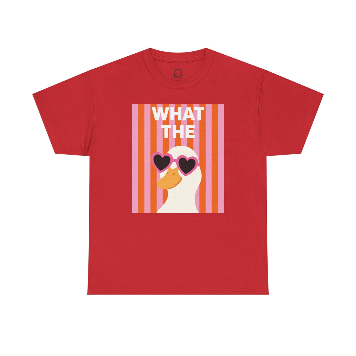 Red cotton tee flat lay with duck-face heart sunglasses and “WHAT THE” center graphic