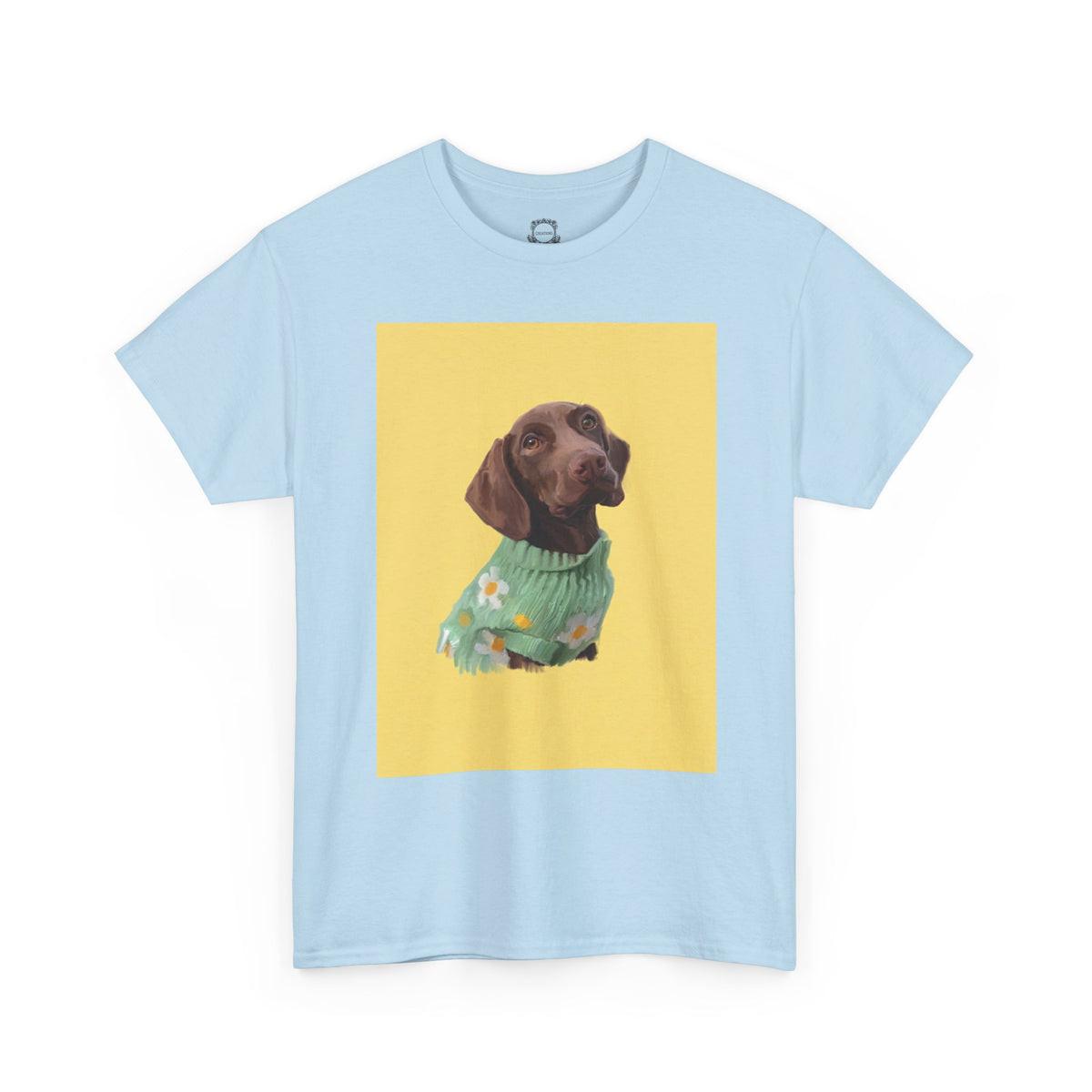 Light blue pet t-shirt with dog portrait graphic in a yellow square