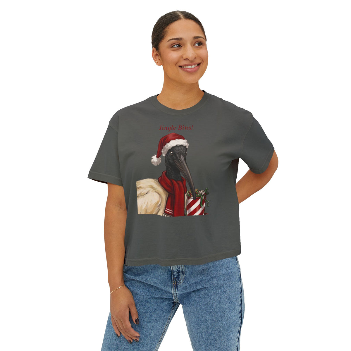 Dark gray crewneck T-shirt with “Jingle Bins!” bird in Santa hat illustration