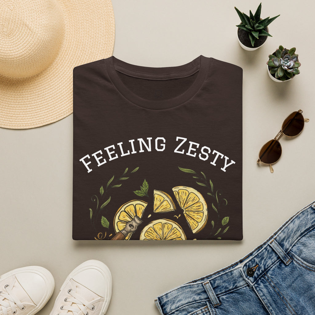 Dark brown citrus graphic tee flat lay with lemon slice artwork, short sleeves