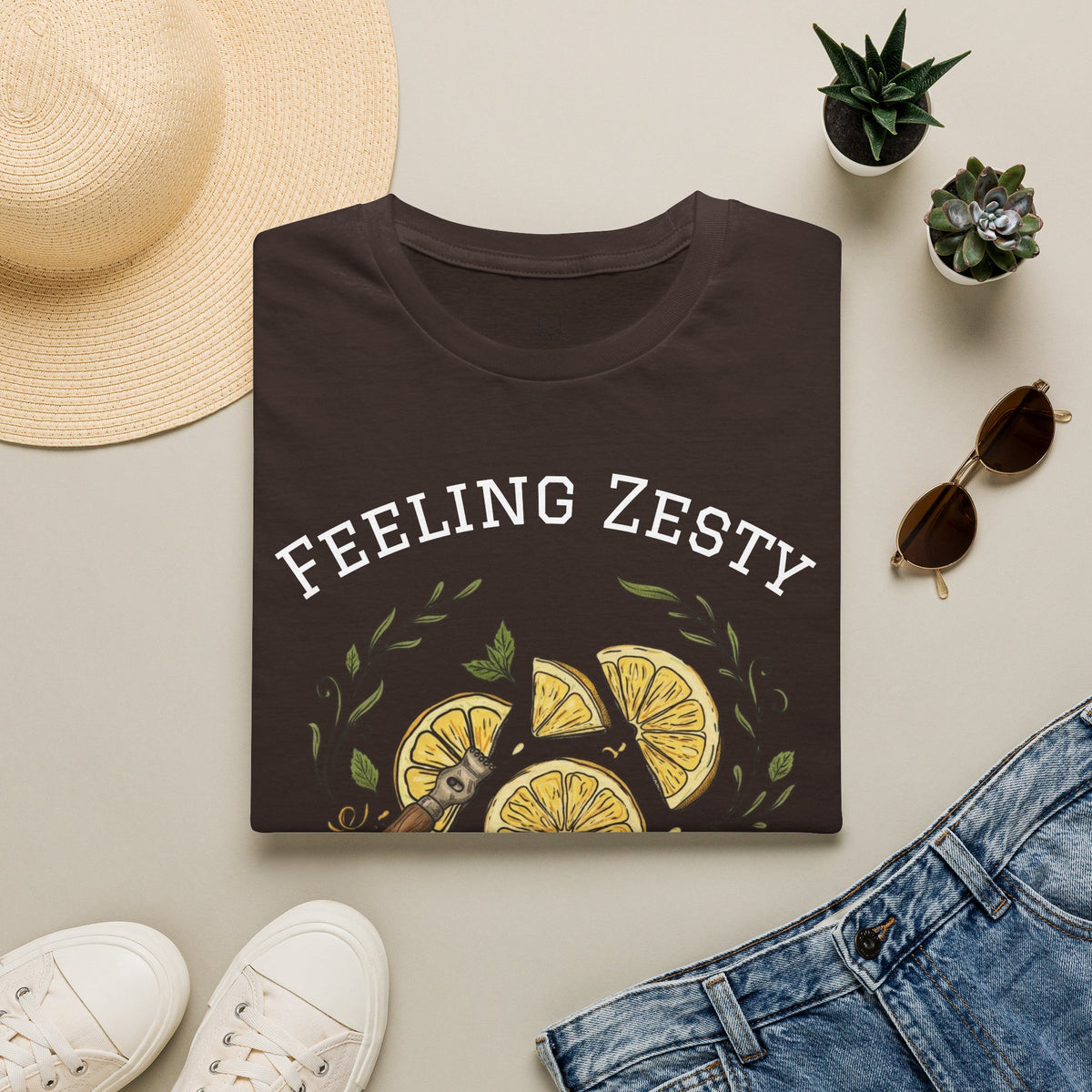 Dark brown citrus graphic tee flat lay with lemon slice artwork, short sleeves