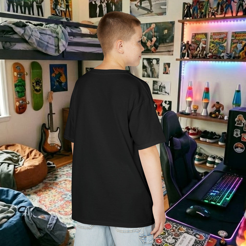Dark black kids graphic tee, plain back view