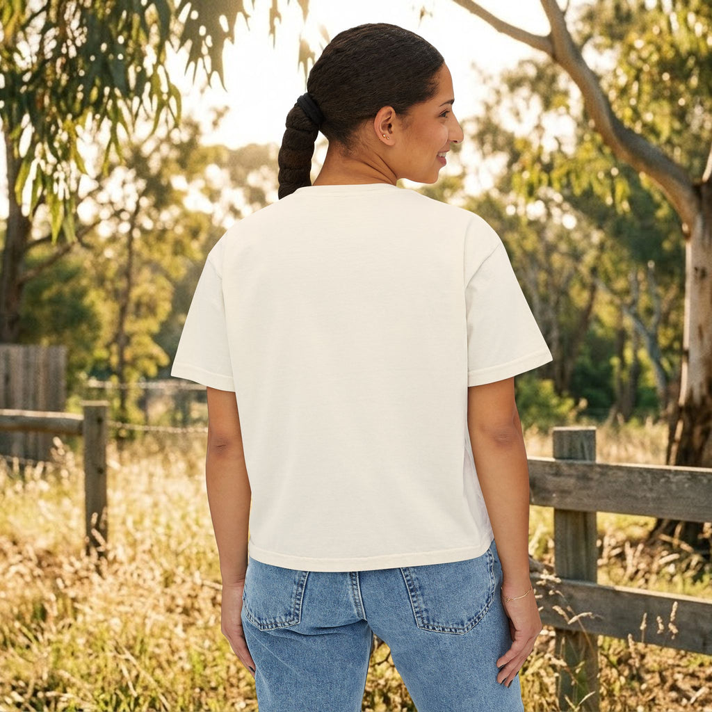 Women’s boxy tee in cream with plain back, crew neck, and short sleeves.
