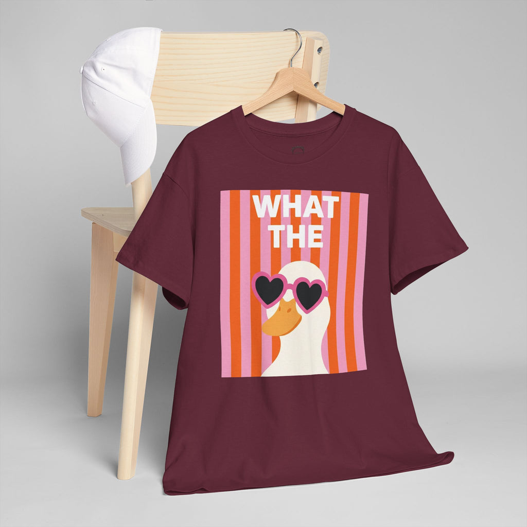 Maroon cotton crewneck graphic tee with square “WHAT THE” striped portrait and heart sunglasses.