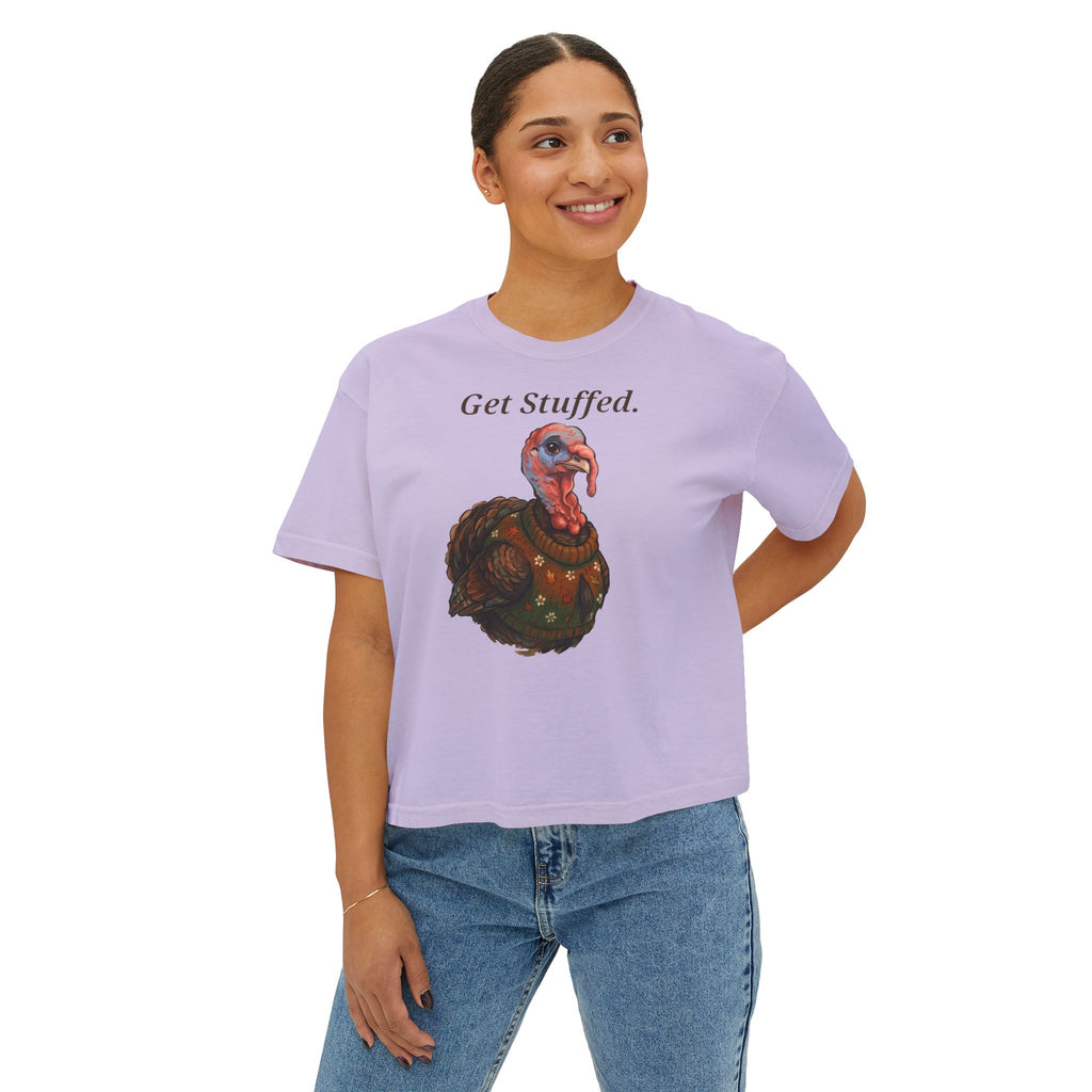 Lavender “Get Stuffed.” turkey graphic crop T-shirt, short sleeves, crew neck