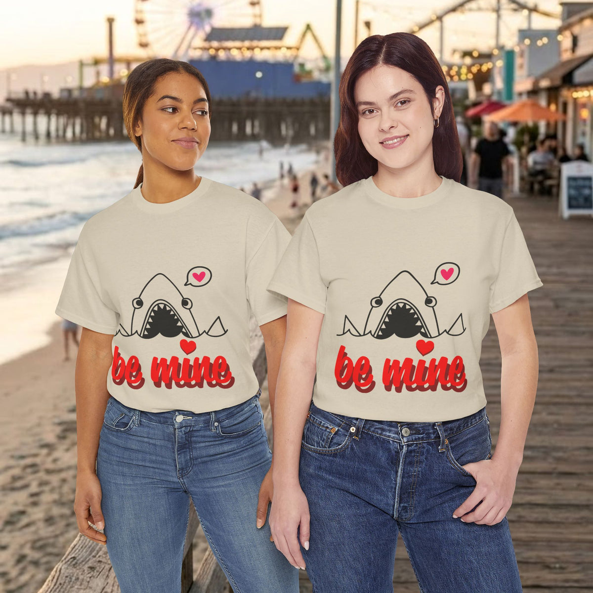 Beige T-shirt with shark illustration and red 'be mine' print, crew neck