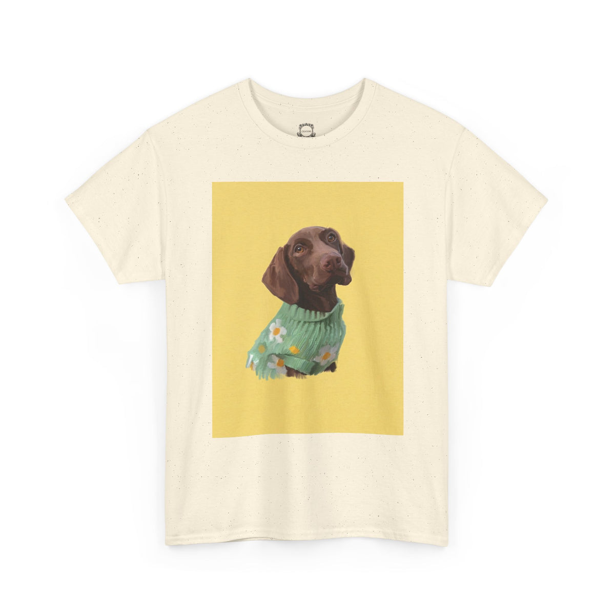 Cream pet t-shirt with dog portrait graphic on a yellow square front