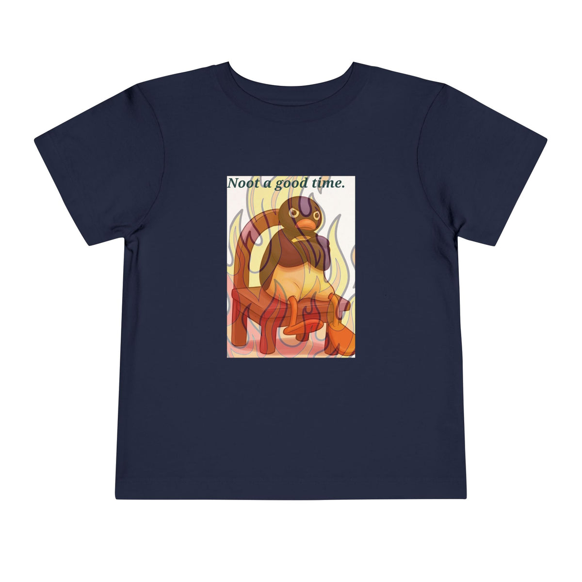 Navy toddler T-shirt with cat-in-flames graphic and “Need a good time” text