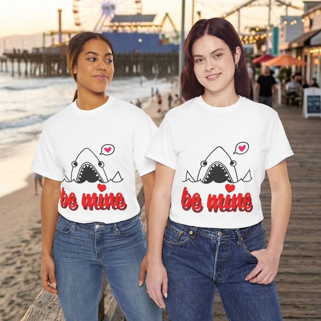 White T-shirt with shark graphic and red "be mine" text with heart accents