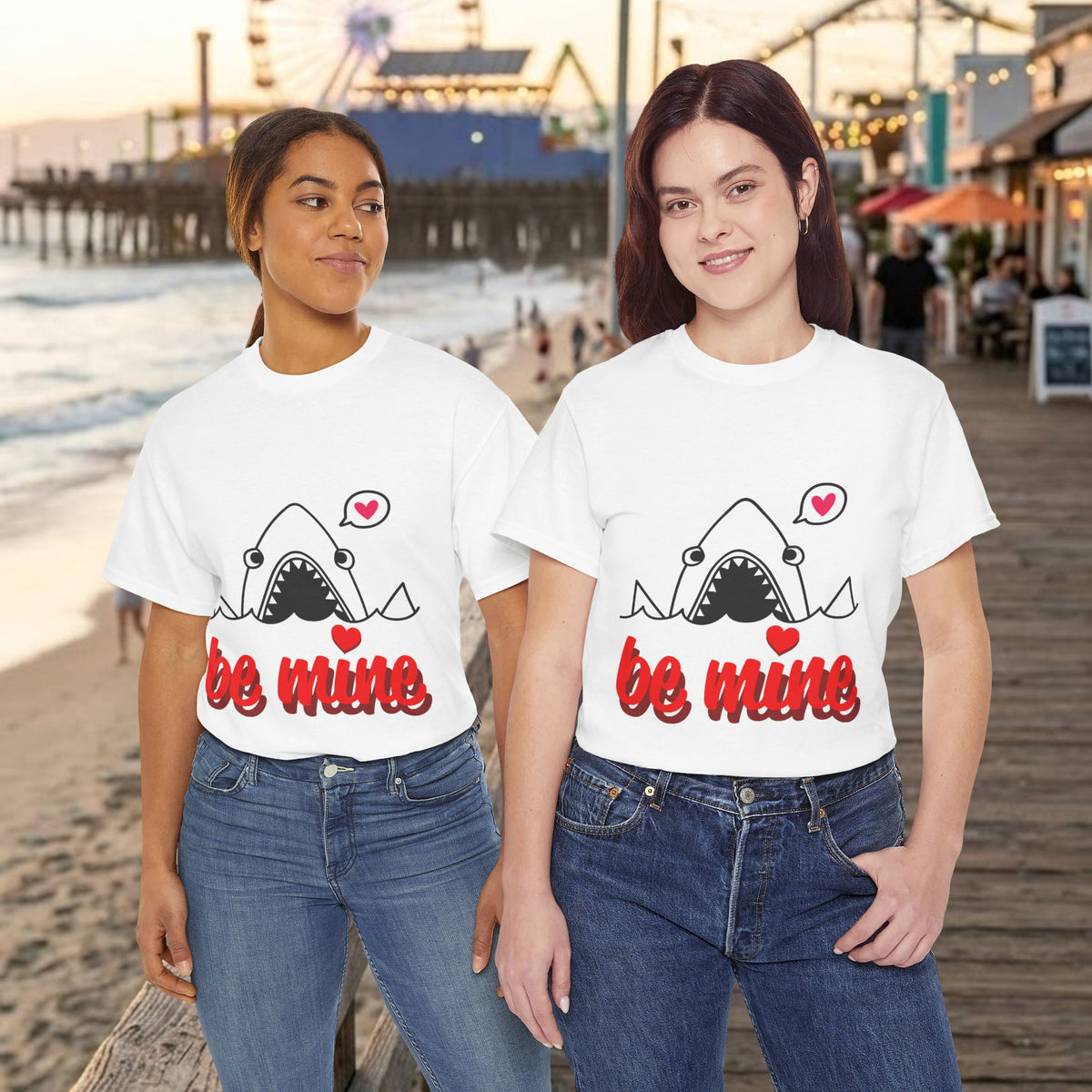 White T-shirt with shark graphic and red "be mine" text with heart accents