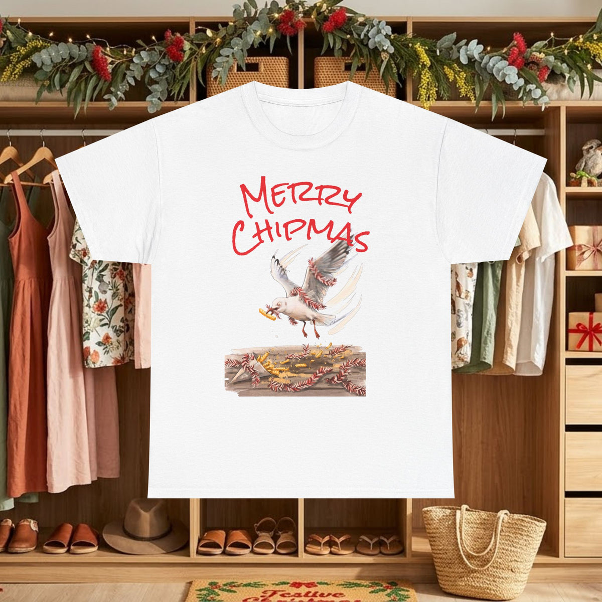 White Christmas graphic T-shirt with "Merry Chipmas" seagull illustration