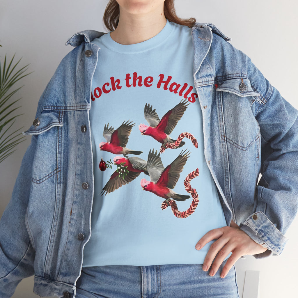 Light blue crew-neck T-shirt with cardinal bird print and red “Flock the Halls” text