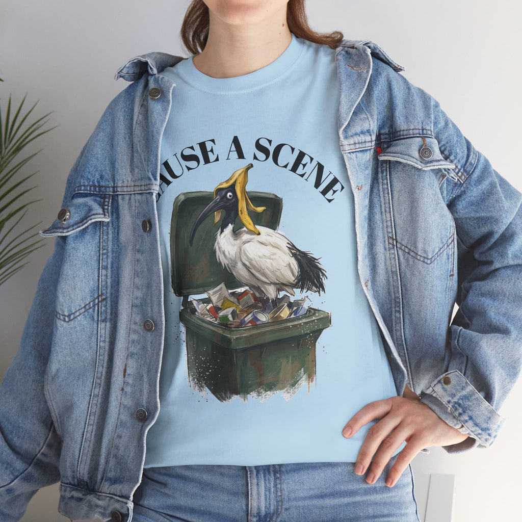 Light blue t-shirt showing “CAUSE A SCENE” ibis trash can graphic