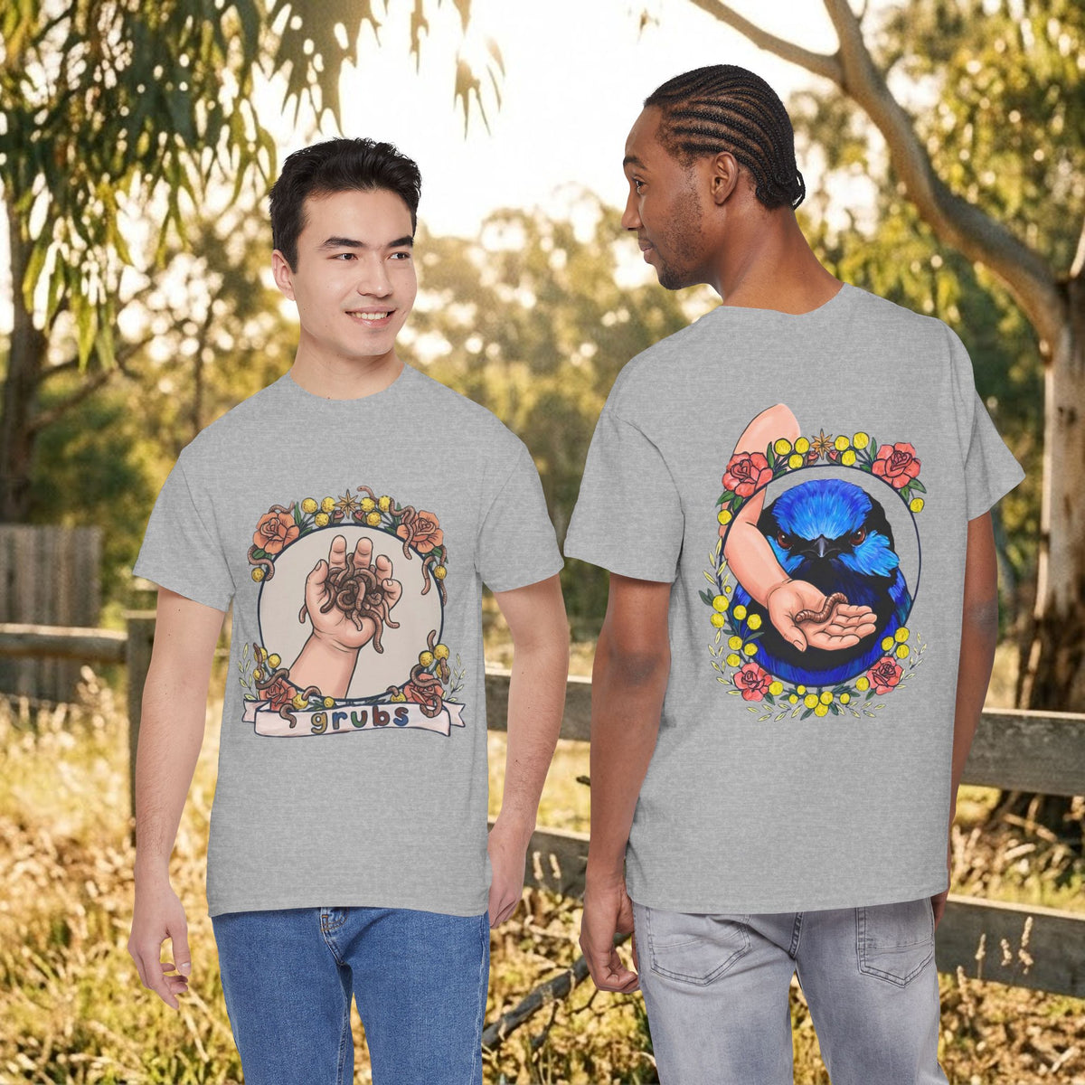 Sport grey short-sleeve t-shirt with moon cat tarot hands graphic on front and back