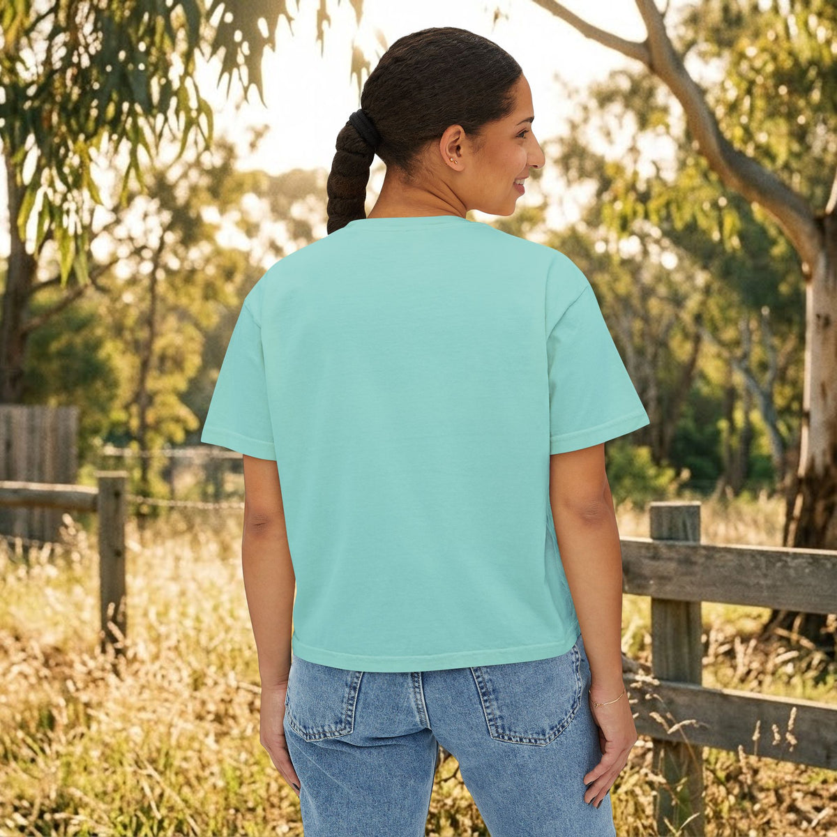 Teal boxy crewneck T-shirt, plain back on model