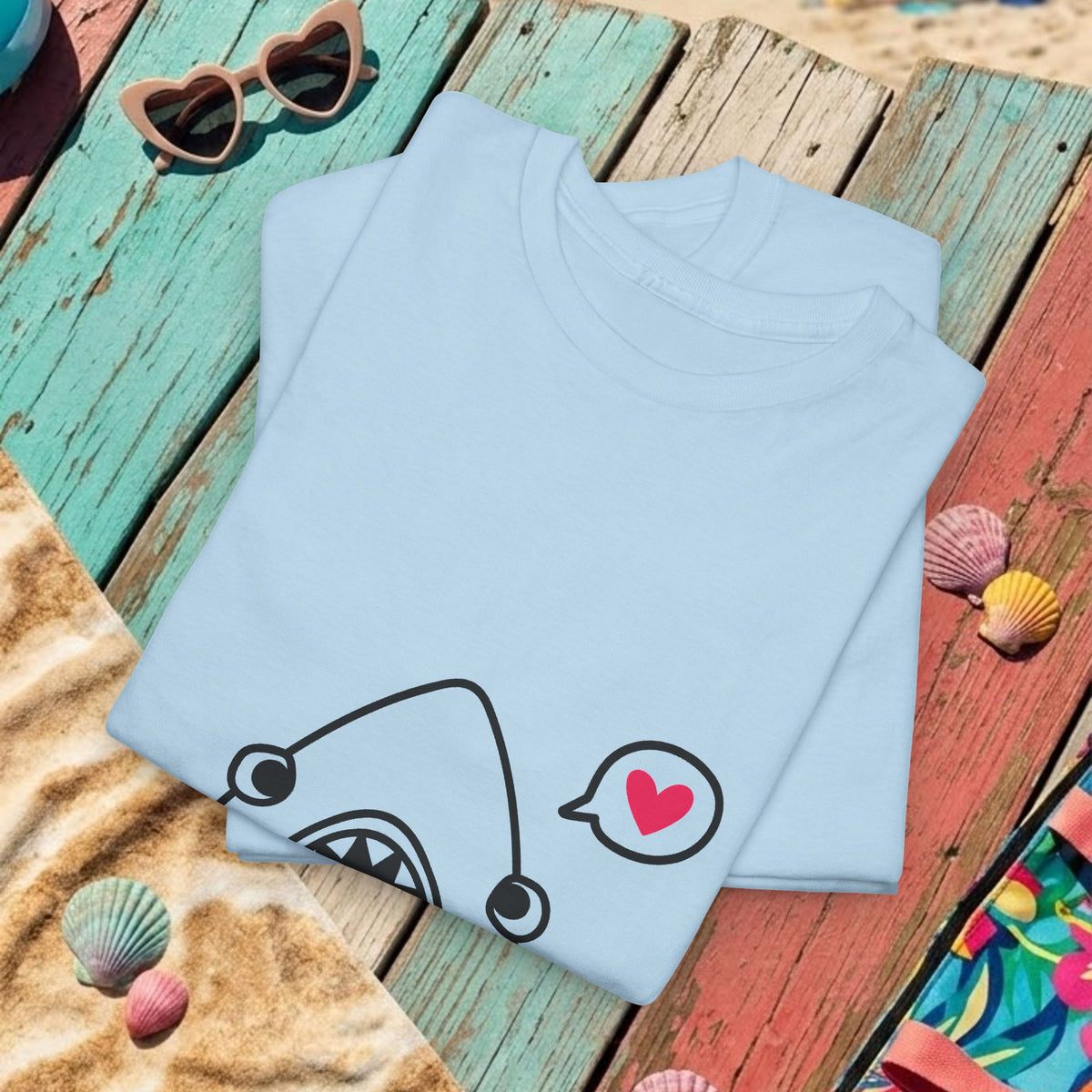 Light blue crewneck t-shirt with partial shark and “be mine” graphic at bottom