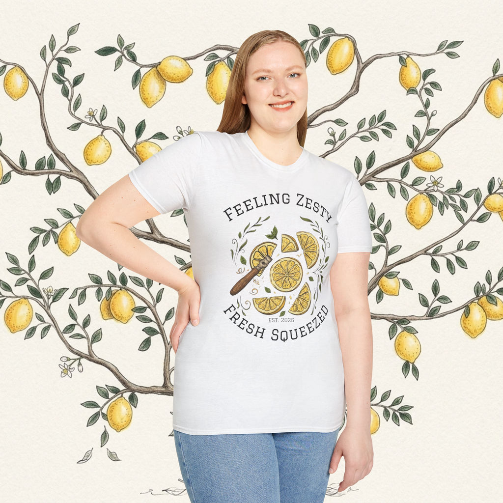 White graphic tee on person with lemon slice illustration and "Feeling Zesty" slogan