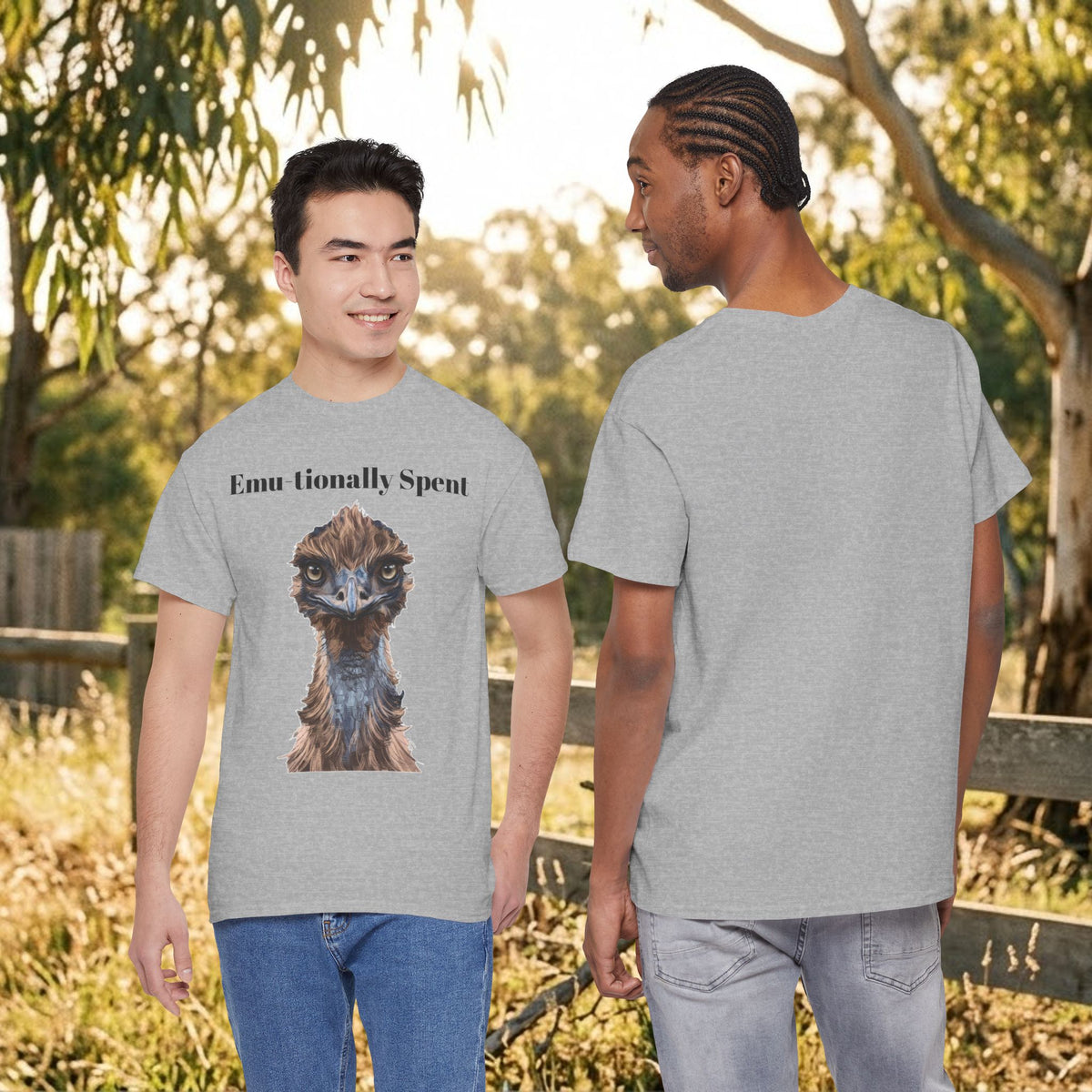 Heather grey emu-themed graphic t-shirt with animal portrait on front, back view shown