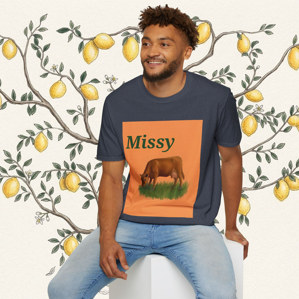 Navy crew-neck T-shirt with orange Missy text and grazing cow graphic