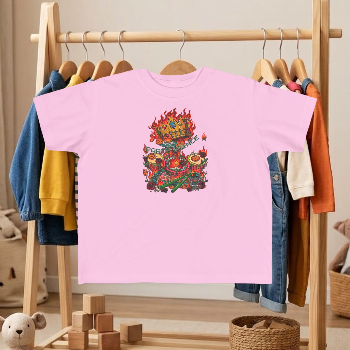 Pale pink toddler dinosaur graphic tee with flaming crown and cartoon dino design